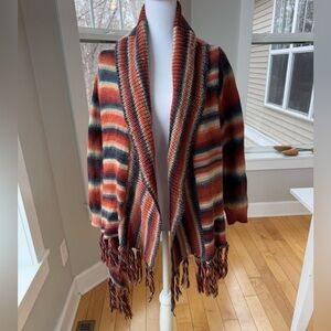Earthbound Trading Navy Blue Orange Stripe Fringe Boho Western Cardigan Small